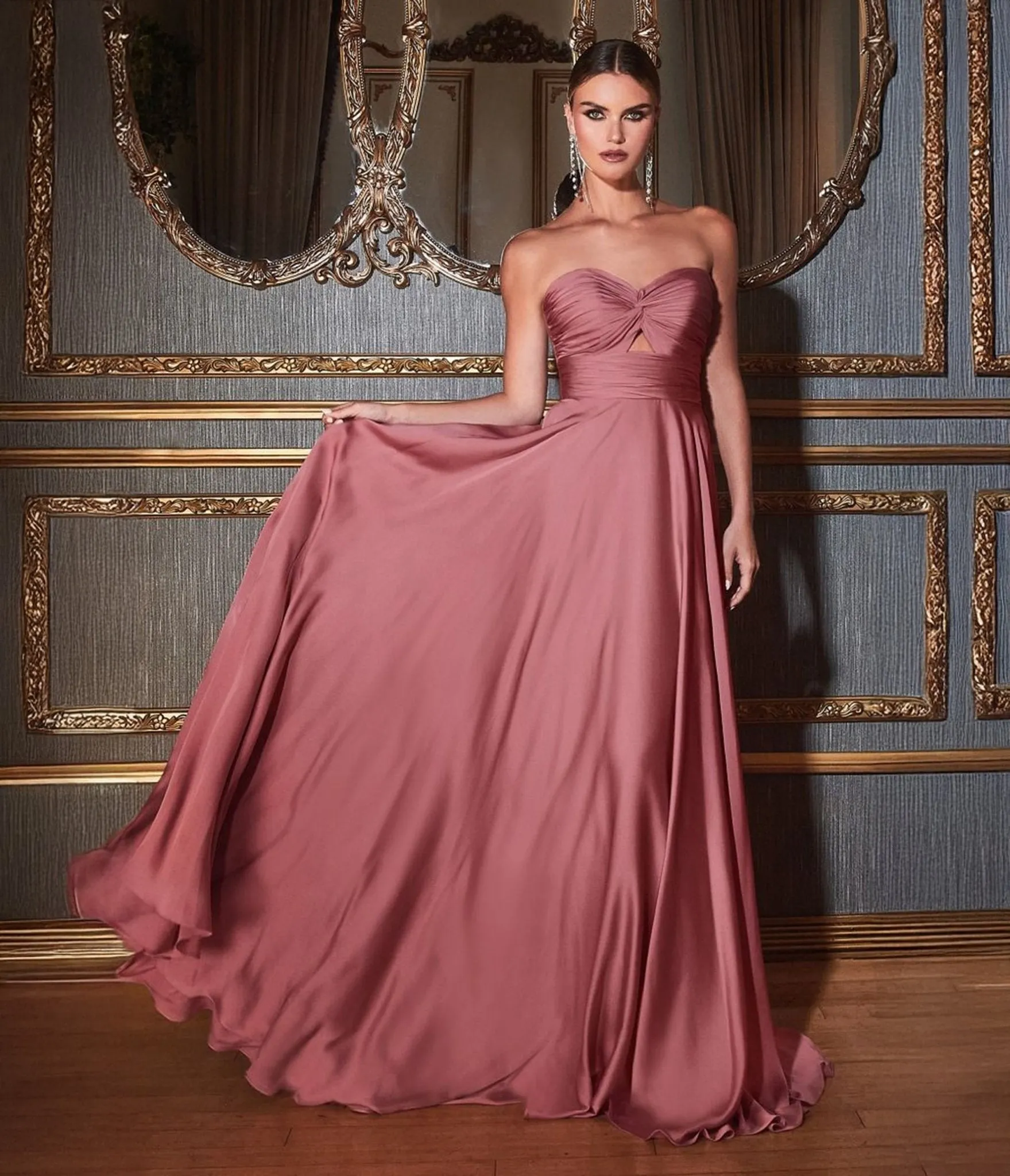 Ladivine by Cinderella Divine Mauve Rose Long Satin Strapless Keyhole Prom Dress sold by Unique Vintage