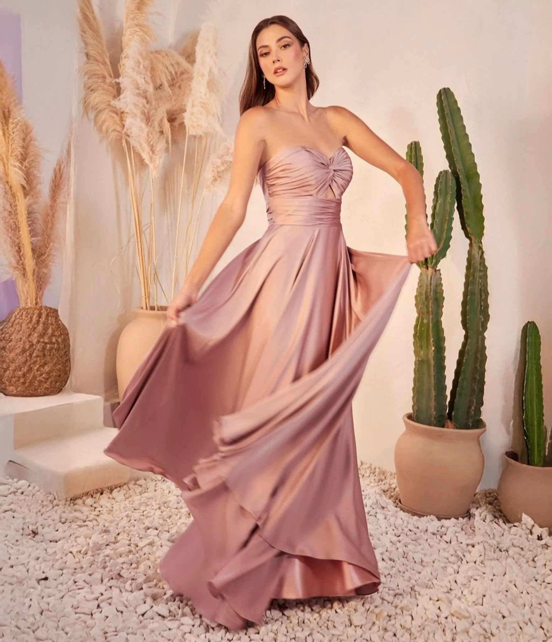 Ladivine by Cinderella Divine Dark Mauve Long Satin Strapless Keyhole Prom Dress sold by Unique Vintage