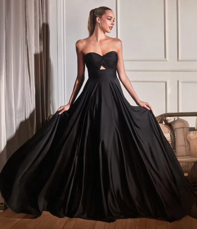 Ladivine by Cinderella Divine Black Long Satin Strapless Keyhole Prom Dress sold by Unique Vintage