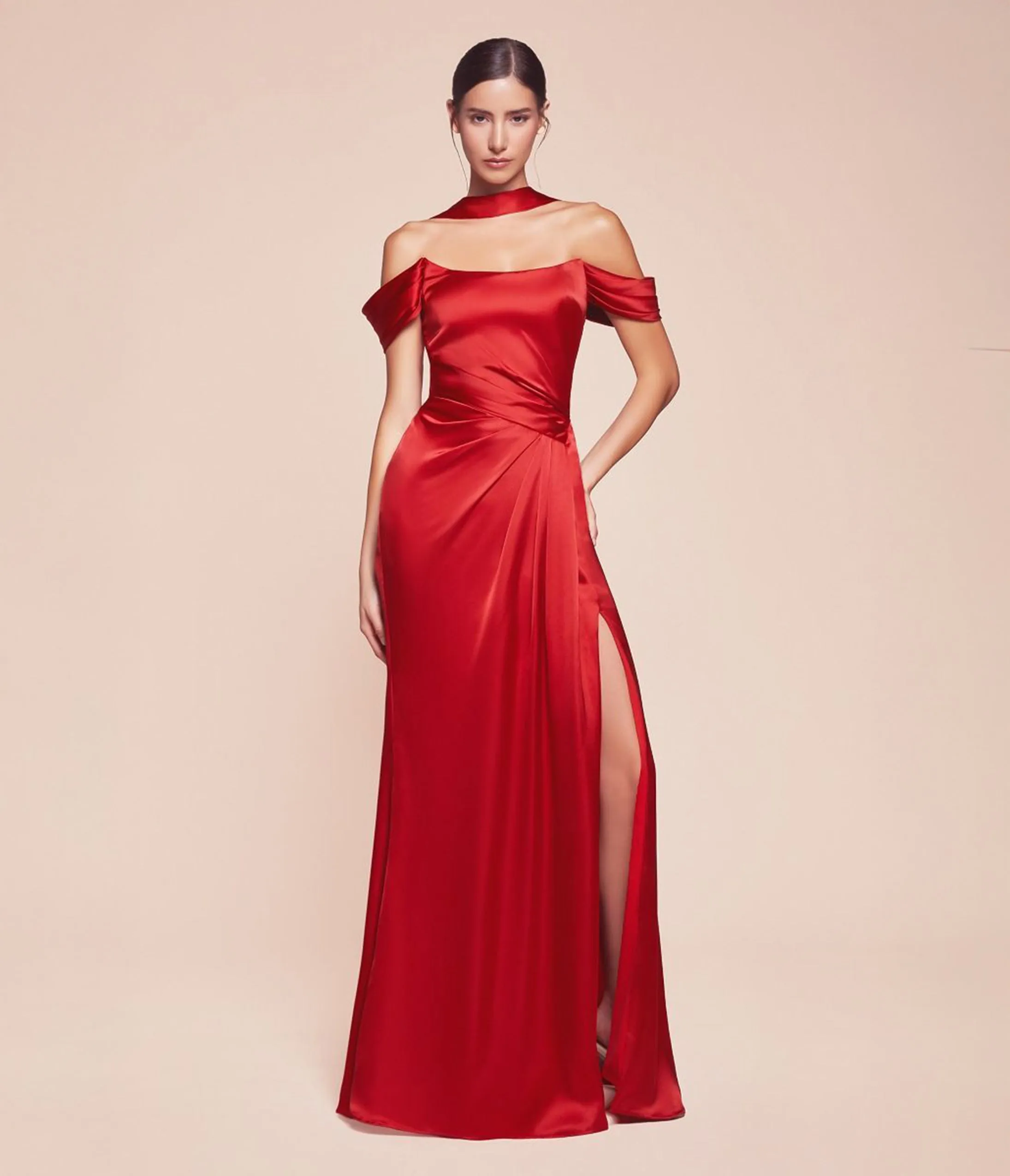 Ladivine by Cinderella Divine Red Off The Shoulder Lace Up Corset Satin Gown sold by Unique Vintage