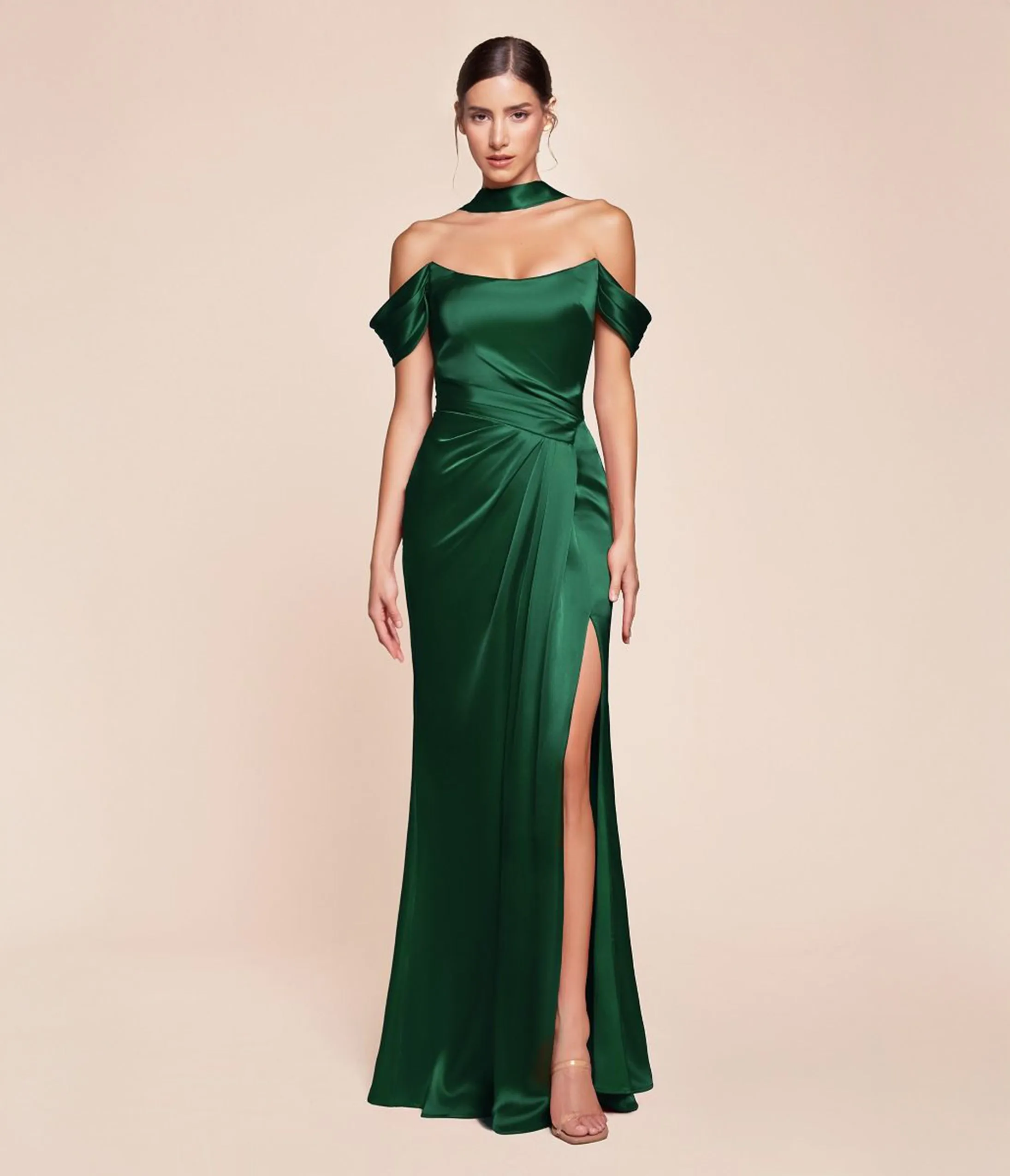 Ladivine by Cinderella Divine Emerald Off The Shoulder Lace Up Corset Satin Gown sold by Unique Vintage