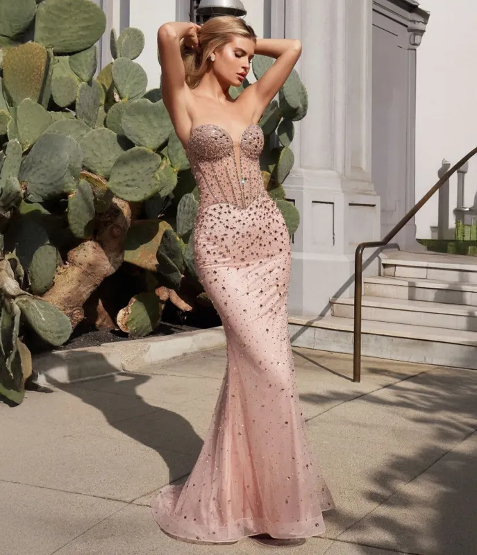 Ladivine by Cinderella Rose Gold Strapless Sweetheart Fitted Rhinestone Gown sold by Unique Vintage