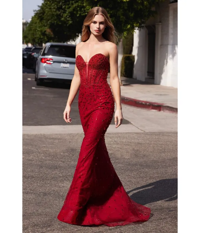 Ladivine by Cinderella Deep Red Strapless Sweetheart Fitted Rhinestone Gown sold by Unique Vintage