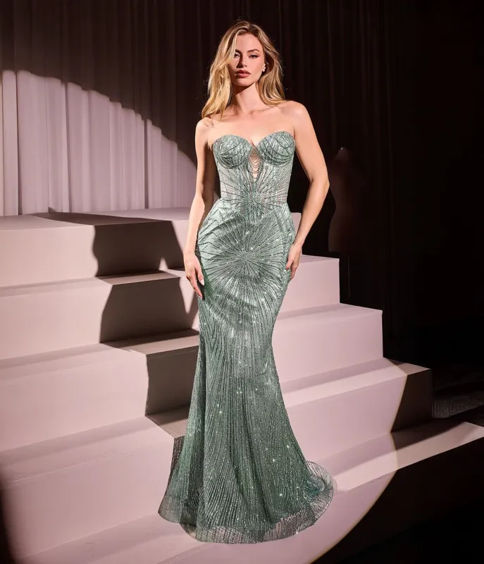 Ladivine by Cinderella Divine Sage Beaded Strapless Corset Mermaid Prom Dress sold by Unique Vintage
