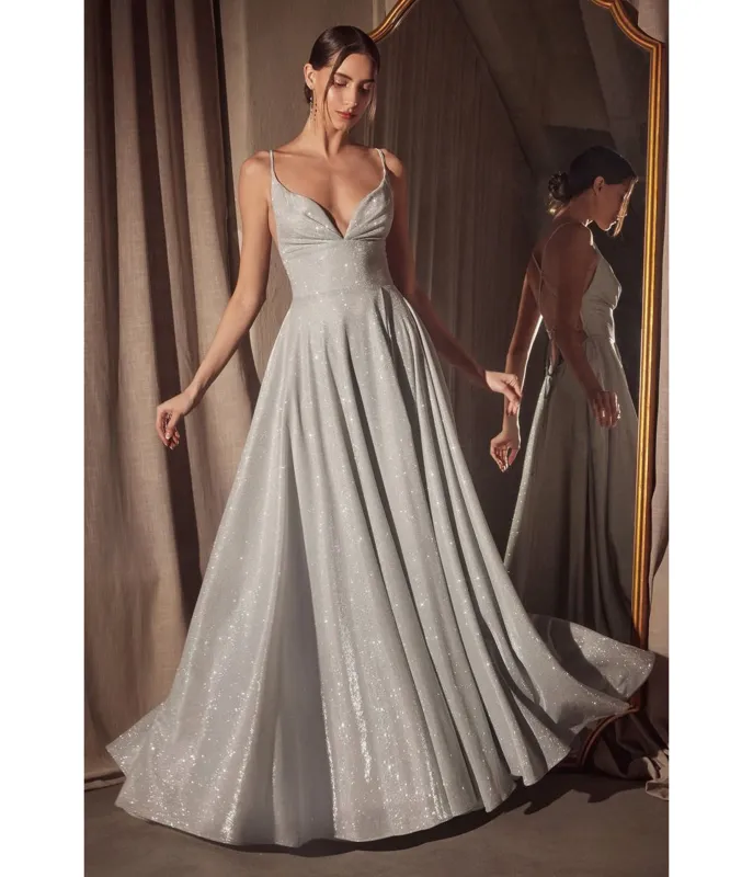 Amoris by Cinderella Divine Silver Glitter V-Neck A-Line Slit Prom Gown sold by Unique Vintage