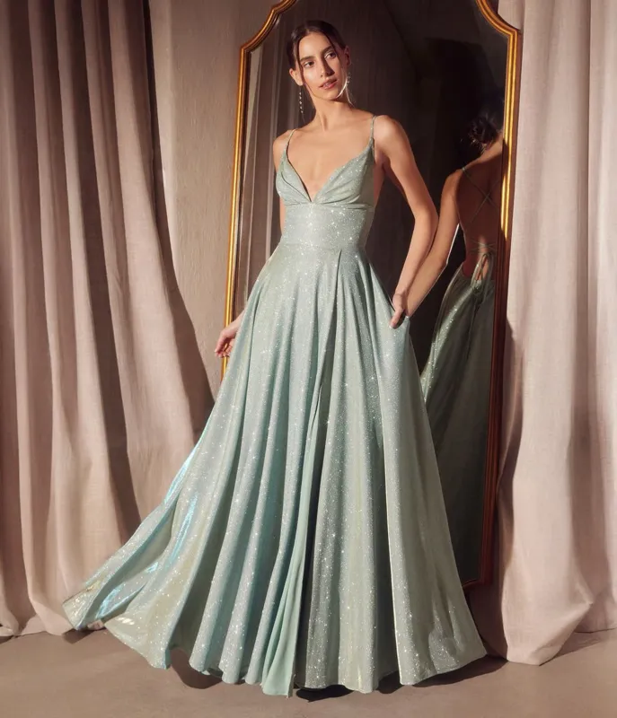 Amoris by Cinderella Divine Sage Glitter V-Neck A-Line Slit Prom Gown sold by Unique Vintage