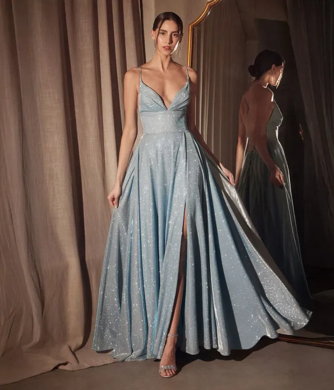 Amoris by Cinderella Divine Light Blue Glitter V-Neck A-Line Slit Prom Gown sold by Unique Vintage