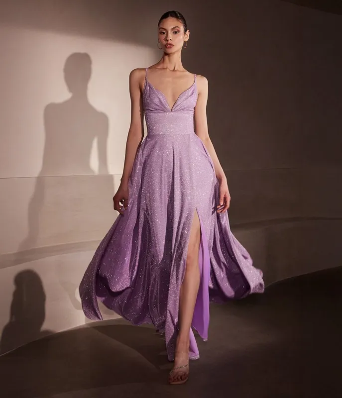 Amoris by Cinderella Divine Lavender Glitter V-Neck A-Line Slit Prom Gown sold by Unique Vintage