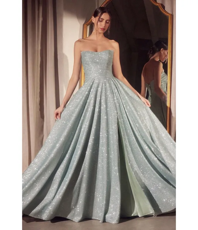 Amoris by Cinderella Divine Sage Glitter Strapless A-Line Slit Prom Gown sold by Unique Vintage