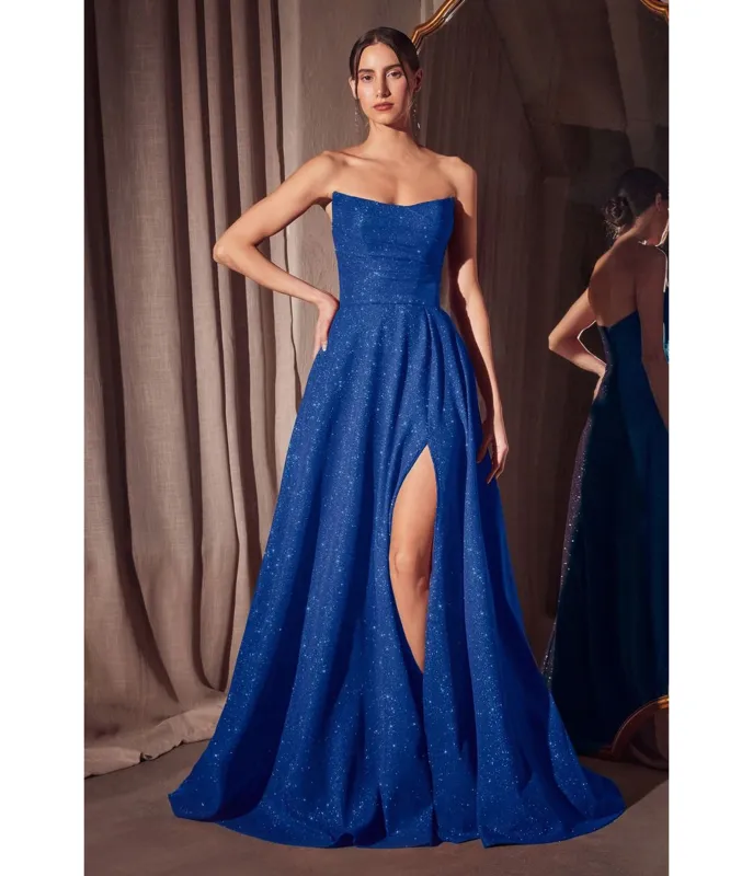Amoris by Cinderella Divine Royal Blue Glitter Strapless A-Line Slit Prom Dress sold by Unique Vintage