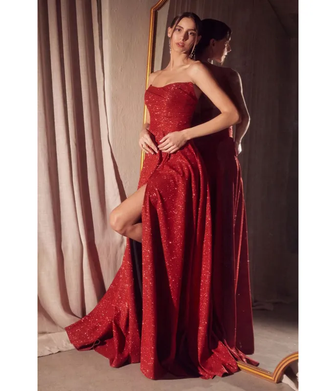 Amoris by Cinderella Divine Red Glitter Strapless A-Line Slit Prom Gown sold by Unique Vintage