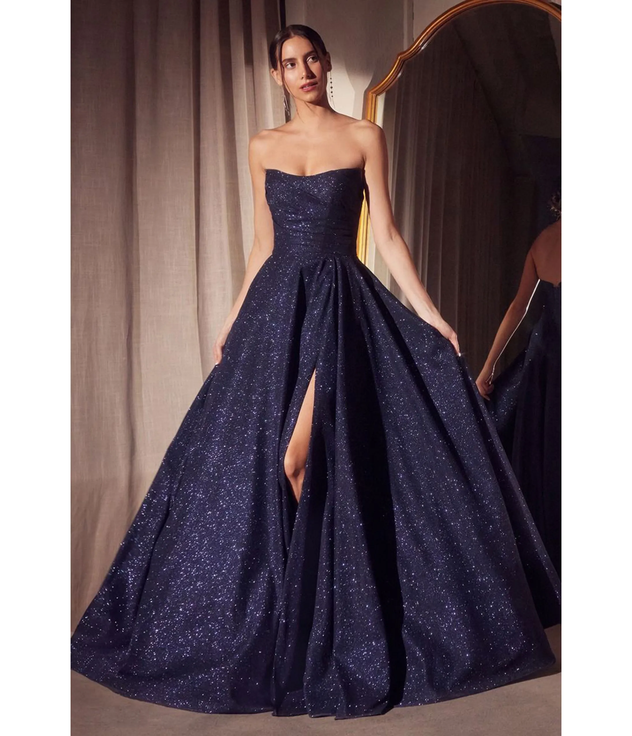 Amoris by Cinderella Divine Navy Glitter Strapless A-Line Slit Prom Gown sold by Unique Vintage