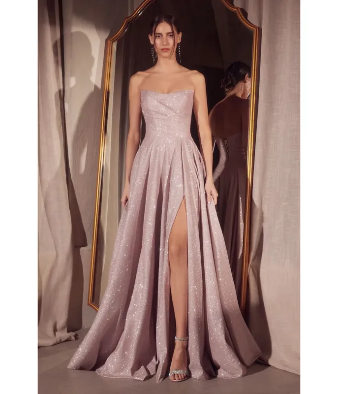 Amoris by Cinderella Divine Light Pink Glitter Strapless A-Line Slit Prom Gown sold by Unique Vintage