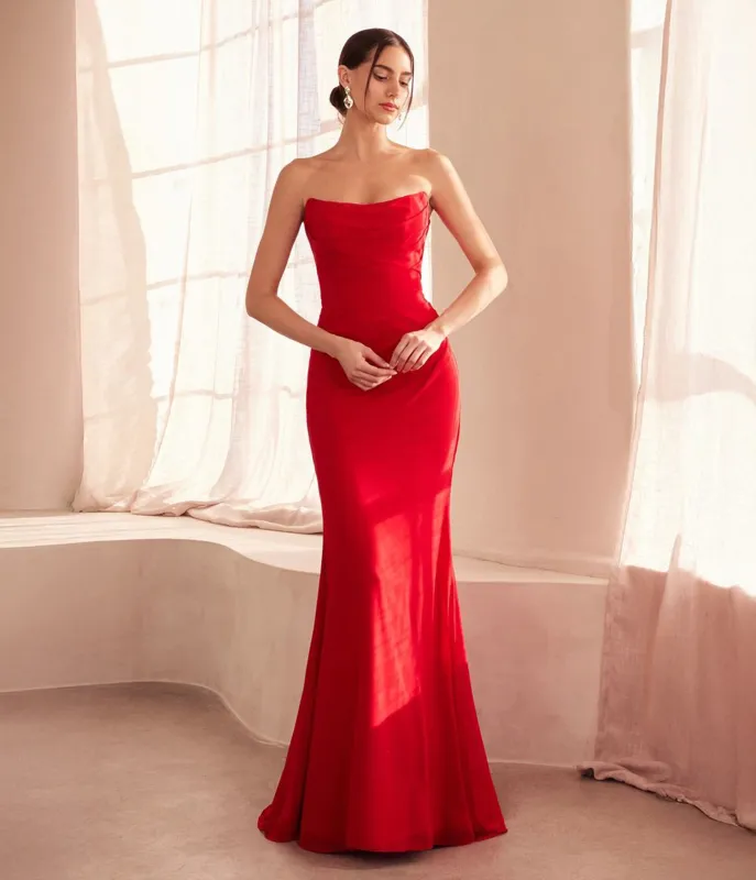 Amoris by Cinderella Divine Red Chiffon Fitted Long Strapless Prom Dress sold by Unique Vintage