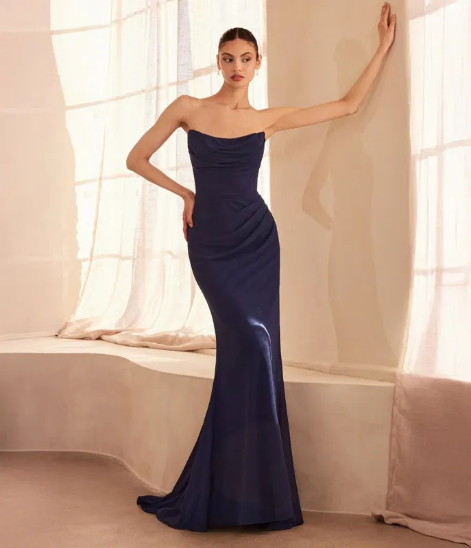 Amoris by Cinderella Divine Navy Chiffon Fitted Long Strapless Prom Dress sold by Unique Vintage