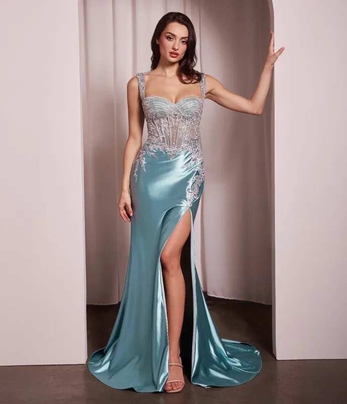 Ladivine by Cinderella Divine Robin Blue Applique Satin Sleeveless Slit Prom Dress sold by Unique Vintage