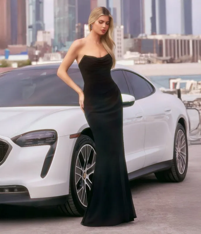 Amoris by Cinderella Divine Black Chiffon Fitted Long Strapless Prom Dress sold by Unique Vintage