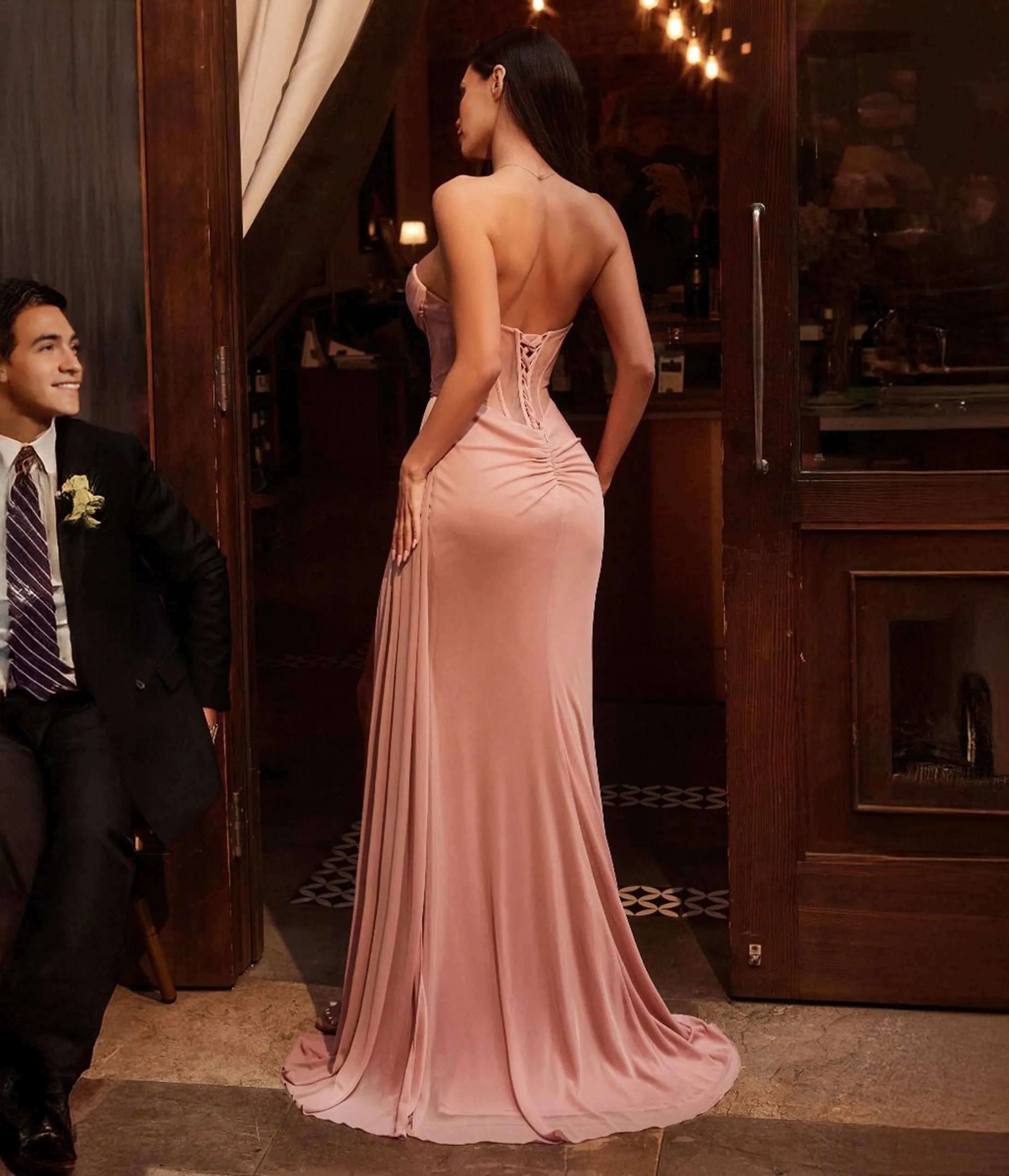 Ladivine by Cinderella Divine Dusty Rose Fitted Strapless Corset Slit Prom Dress sold by Unique Vintage product image thumbnail 2