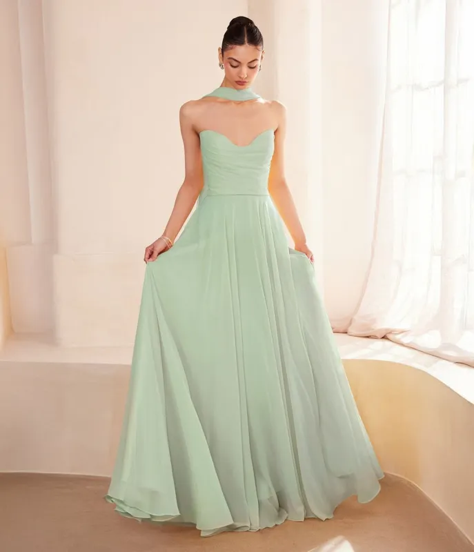 Amoris by Cinderella Divine Sage Chiffon Strapless A-Line Prom Gown sold by Unique Vintage
