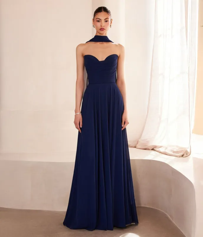 Amoris by Cinderella Divine Navy Chiffon Strapless A-Line Prom Gown sold by Unique Vintage