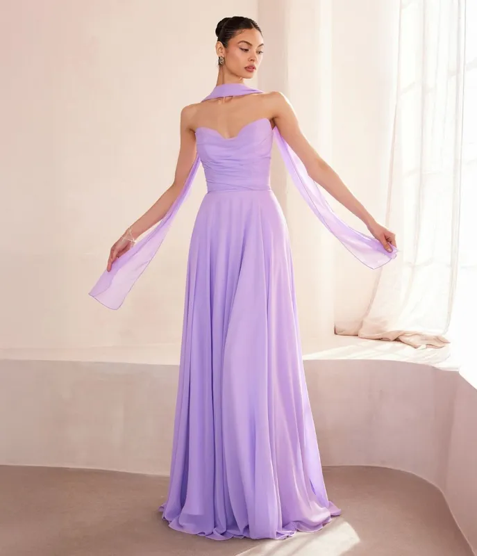 Amoris by Cinderella Divine Lavender Chiffon Strapless A-Line Prom Gown sold by Unique Vintage