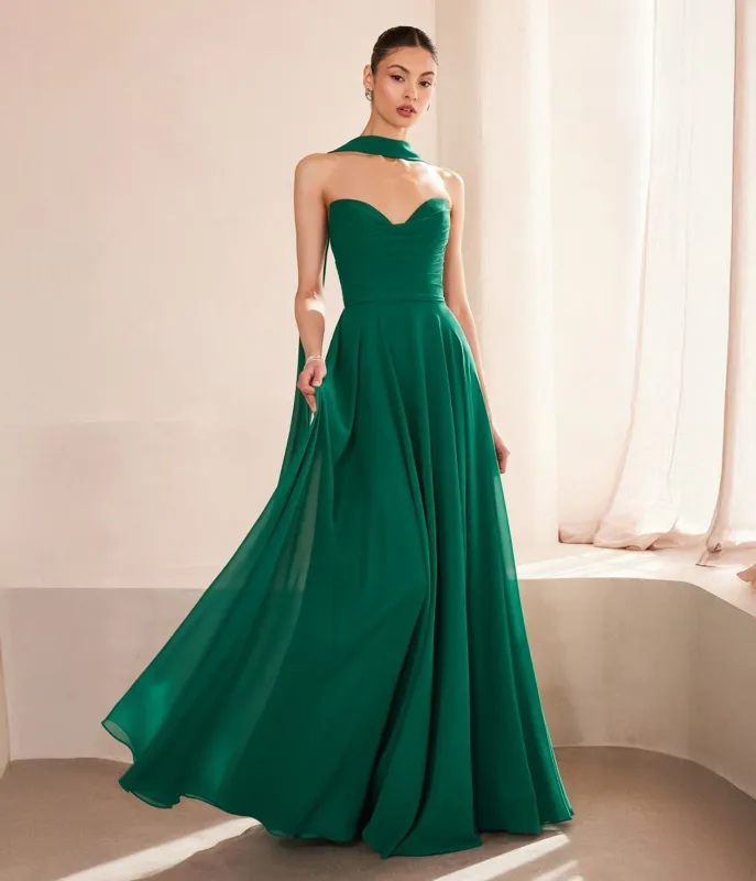 Amoris by Cinderella Divine Emerald Chiffon Strapless A-Line Prom Gown sold by Unique Vintage