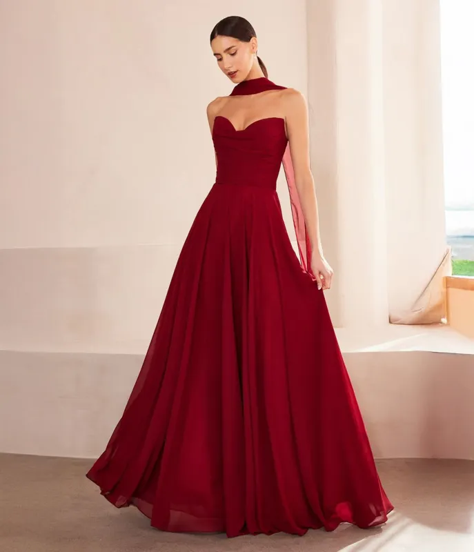 Amoris by Cinderella Divine Burgundy Chiffon Strapless A-Line Prom Gown sold by Unique Vintage