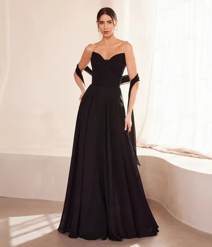 Amoris by Cinderella Divine Black Chiffon Strapless A-Line Prom Gown sold by Unique Vintage