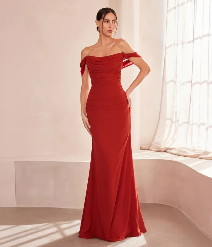 Amoris by Cinderella Divine Sienna Chiffon Fitted Off Shoulder Prom Gown sold by Unique Vintage