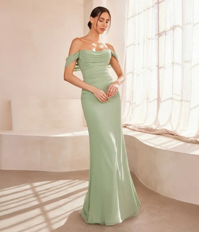 Amoris by Cinderella Divine Sage Chiffon Fitted Off Shoulder Prom Gown sold by Unique Vintage