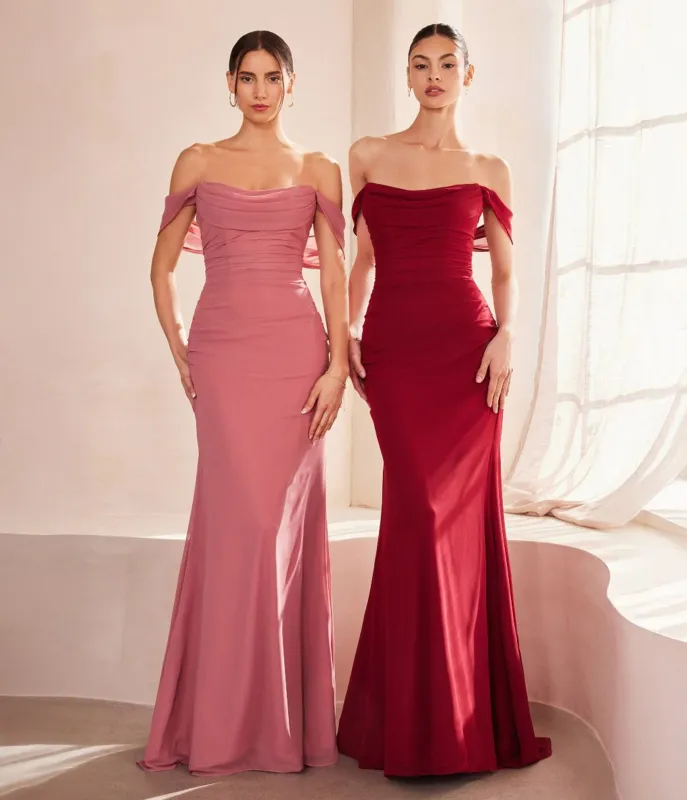 Amoris by Cinderella Divine Mauve Rose Chiffon Fitted Off Shoulder Prom Gown sold by Unique Vintage