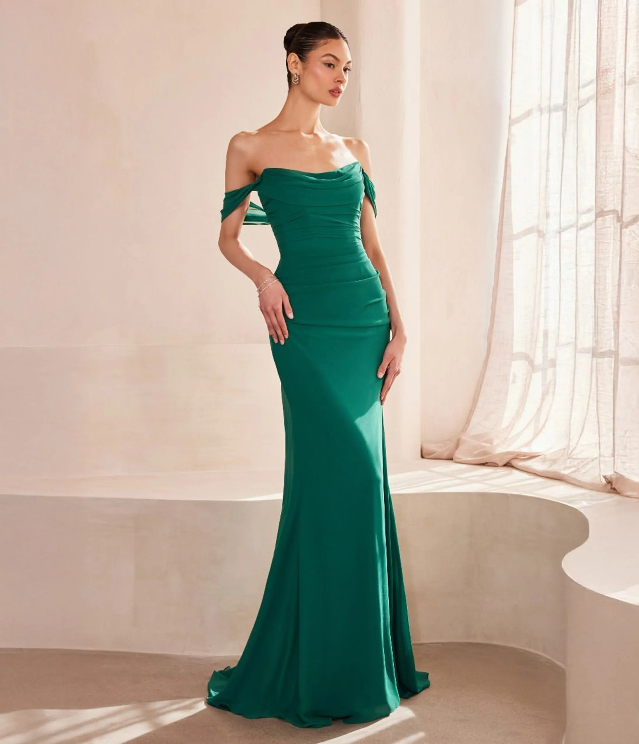 Amoris by Cinderella Divine Emerald Chiffon Fitted Off Shoulder Prom Gown sold by Unique Vintage
