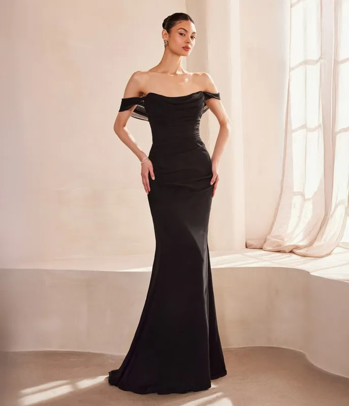 Amoris by Cinderella Divine Black Chiffon Fitted Off Shoulder Prom Gown sold by Unique Vintage
