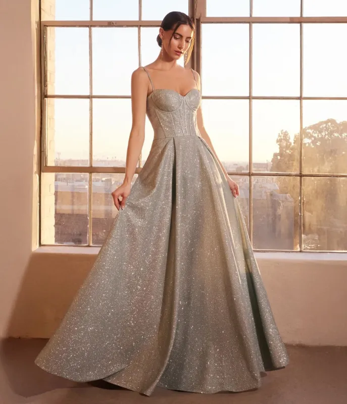 Amoris by Cinderella Divine Sage Glitter Sleeveless A-Line Slit Prom Gown sold by Unique Vintage