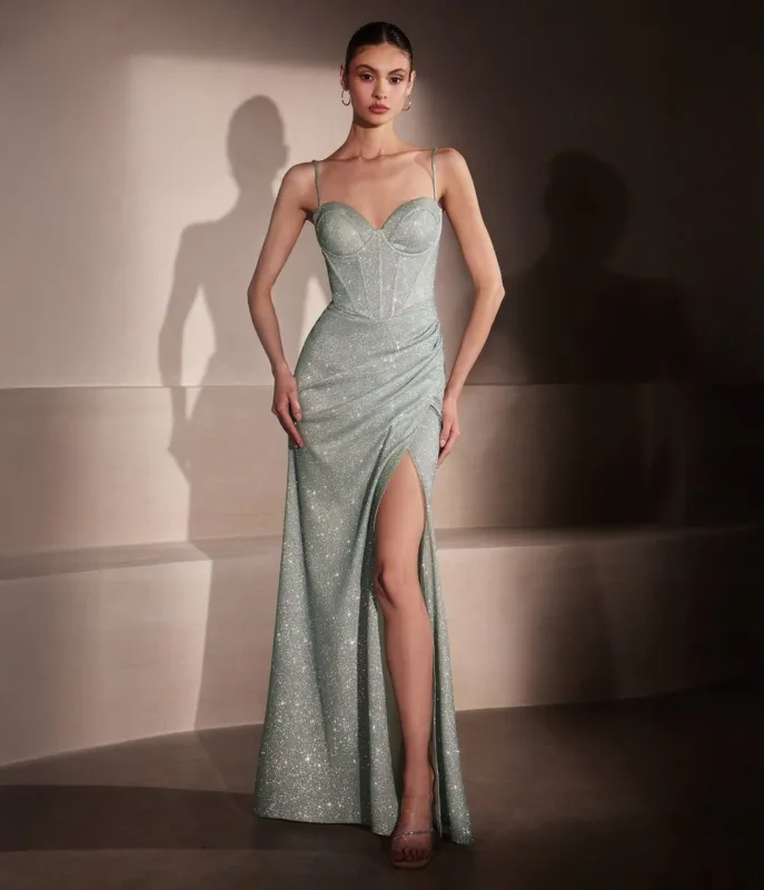 Amoris by Cinderella Divine Sage Glitter Fitted Sleelevess Slit Prom Gown sold by Unique Vintage