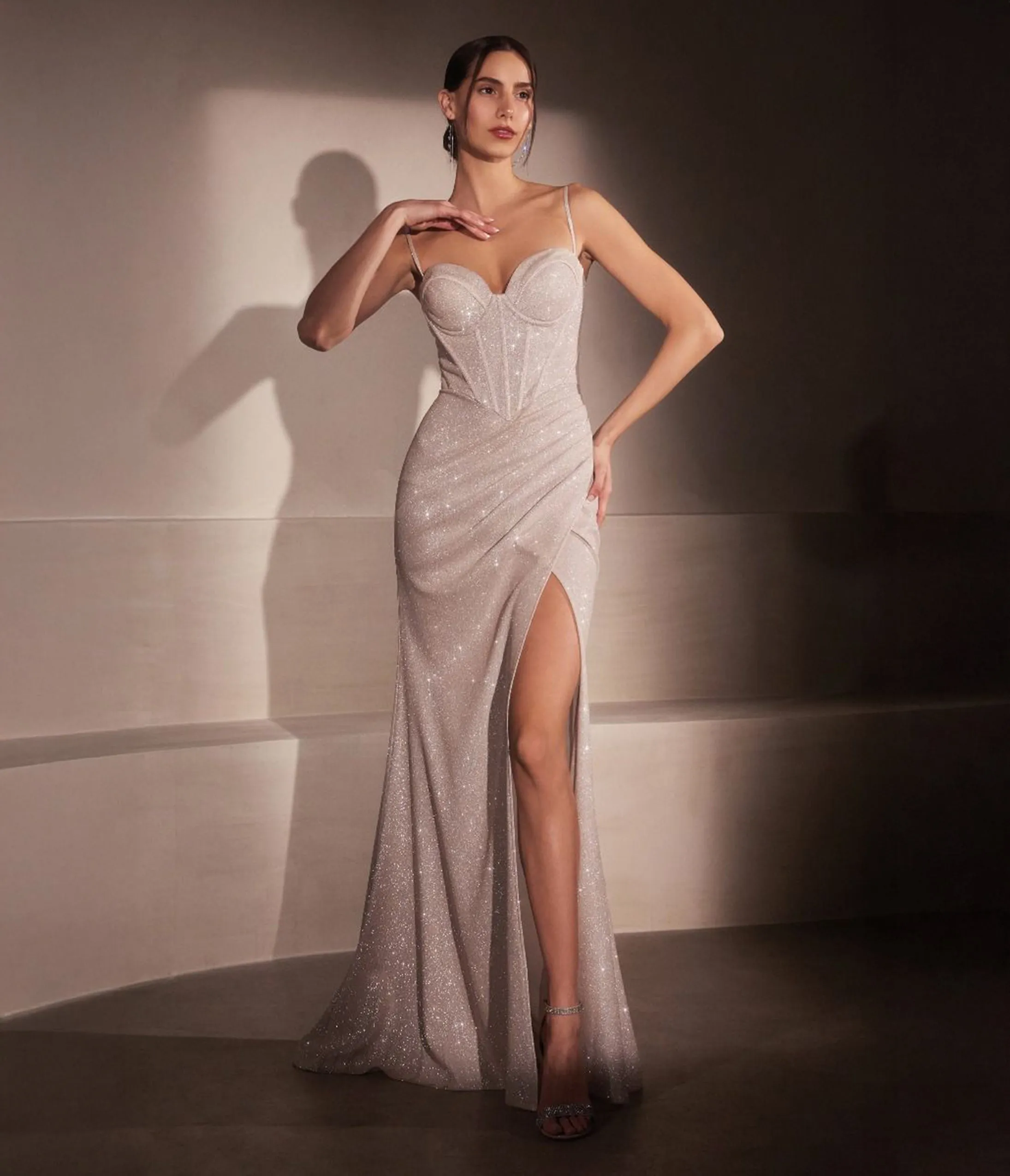 Amoris by Cinderella Divine Platinum Glitter Fitted Sleeveless Slit Prom Gown sold by Unique Vintage