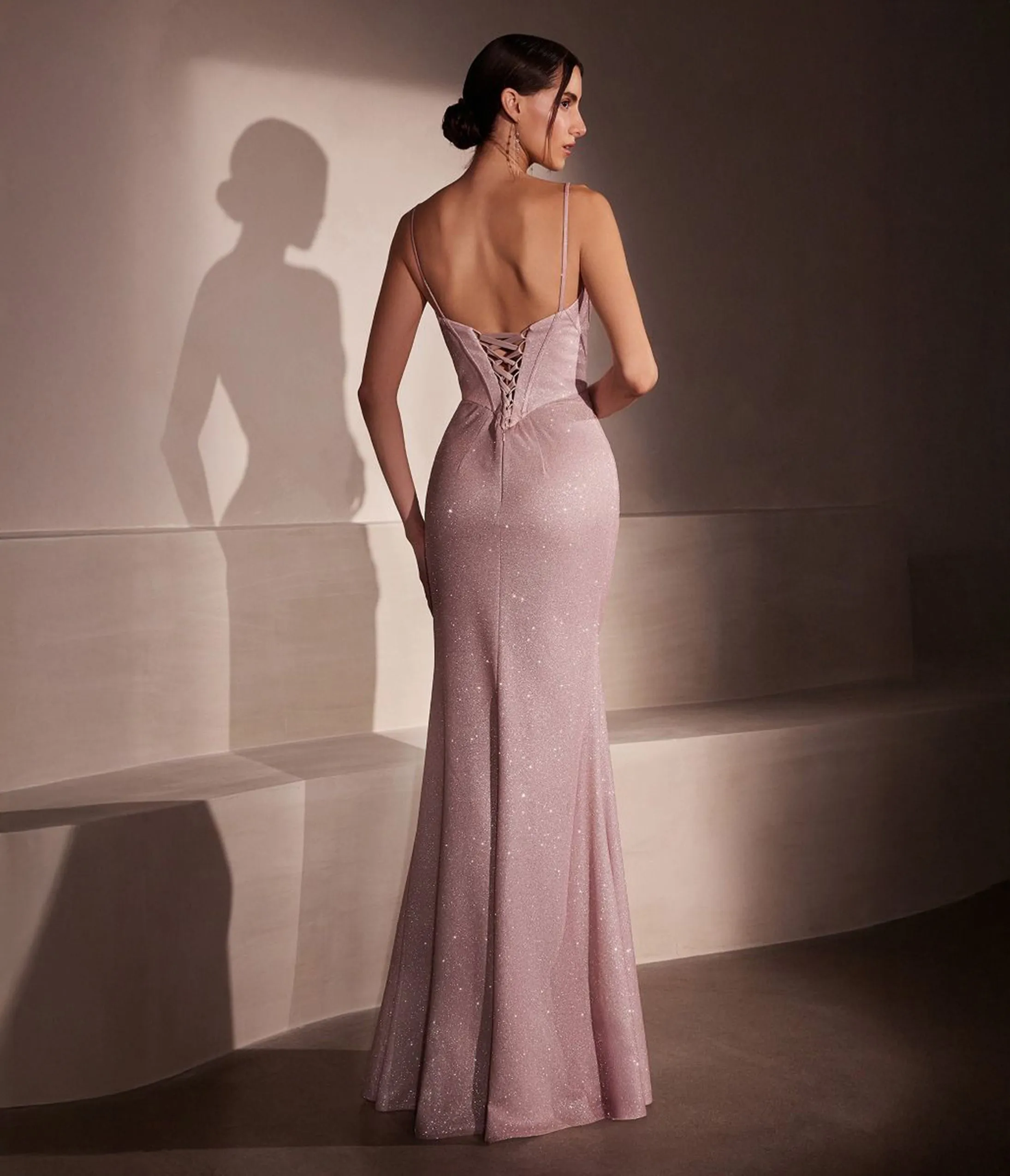 Amoris by Cinderella Divine Dusty Rose Glitter Fitted Sleeveless Slit Prom Gown sold by Unique Vintage product image thumbnail 2
