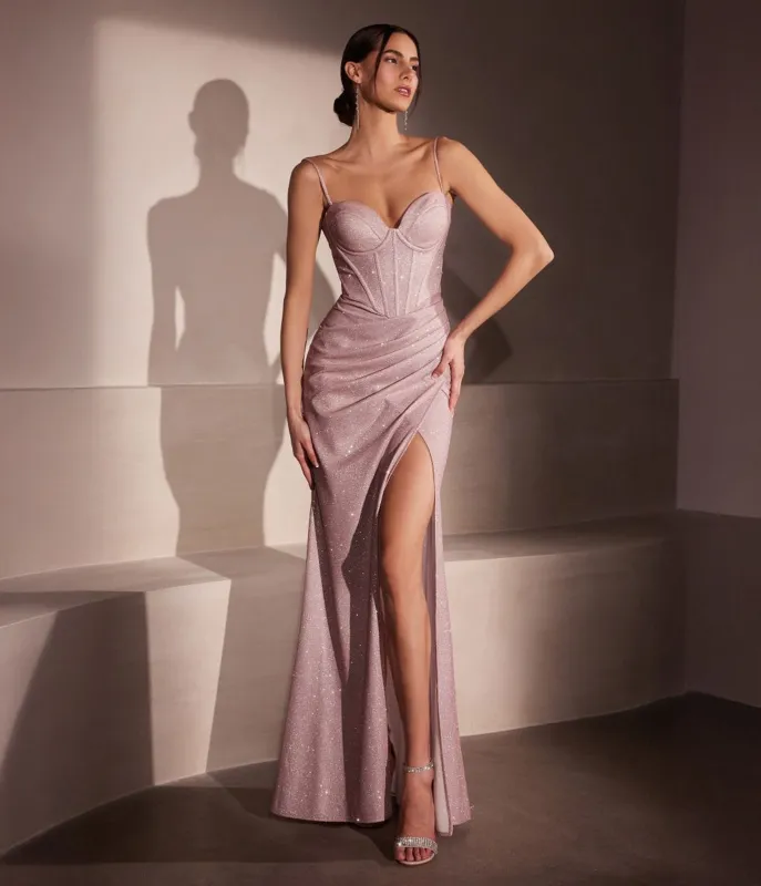 Amoris by Cinderella Divine Dusty Rose Glitter Fitted Sleeveless Slit Prom Gown sold by Unique Vintage