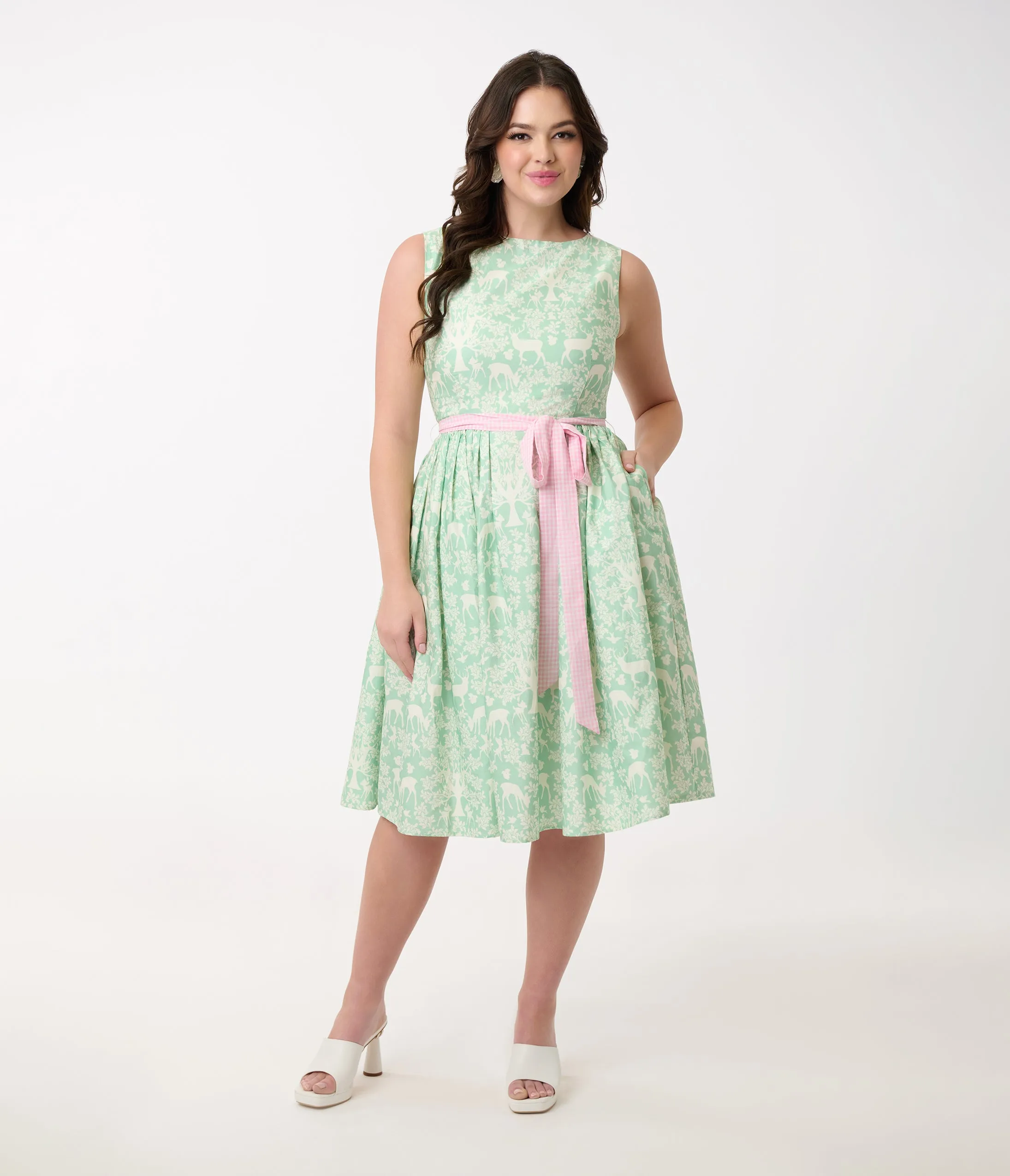 Disney Bambi Collection by Unique Vintage Green Forest Friends & Pink Gingham Sleeveless Swing Dress sold by Unique Vintage product image thumbnail 3