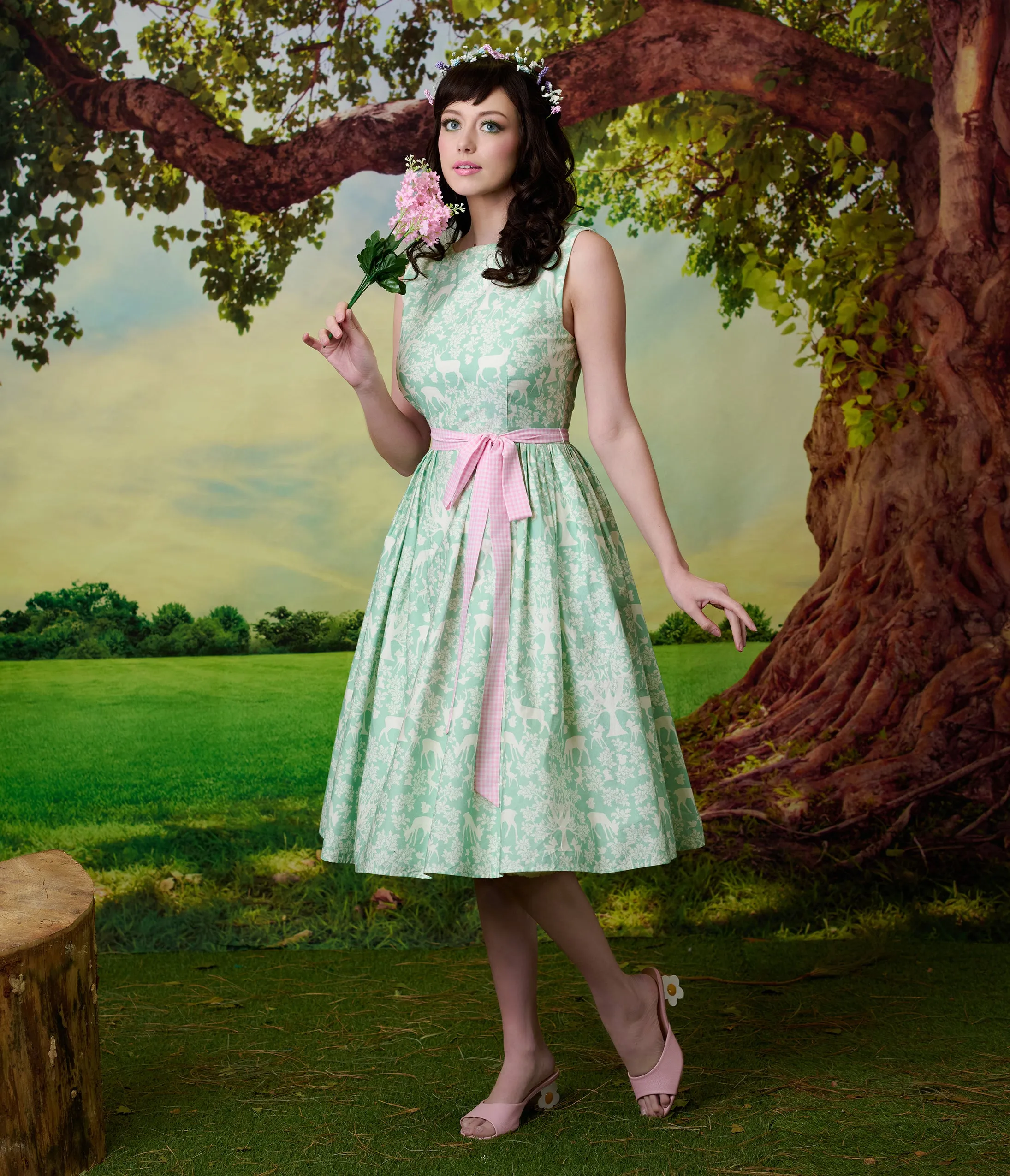 Disney Bambi Collection by Unique Vintage Green Forest Friends & Pink Gingham Sleeveless Swing Dress sold by Unique Vintage product image thumbnail 4