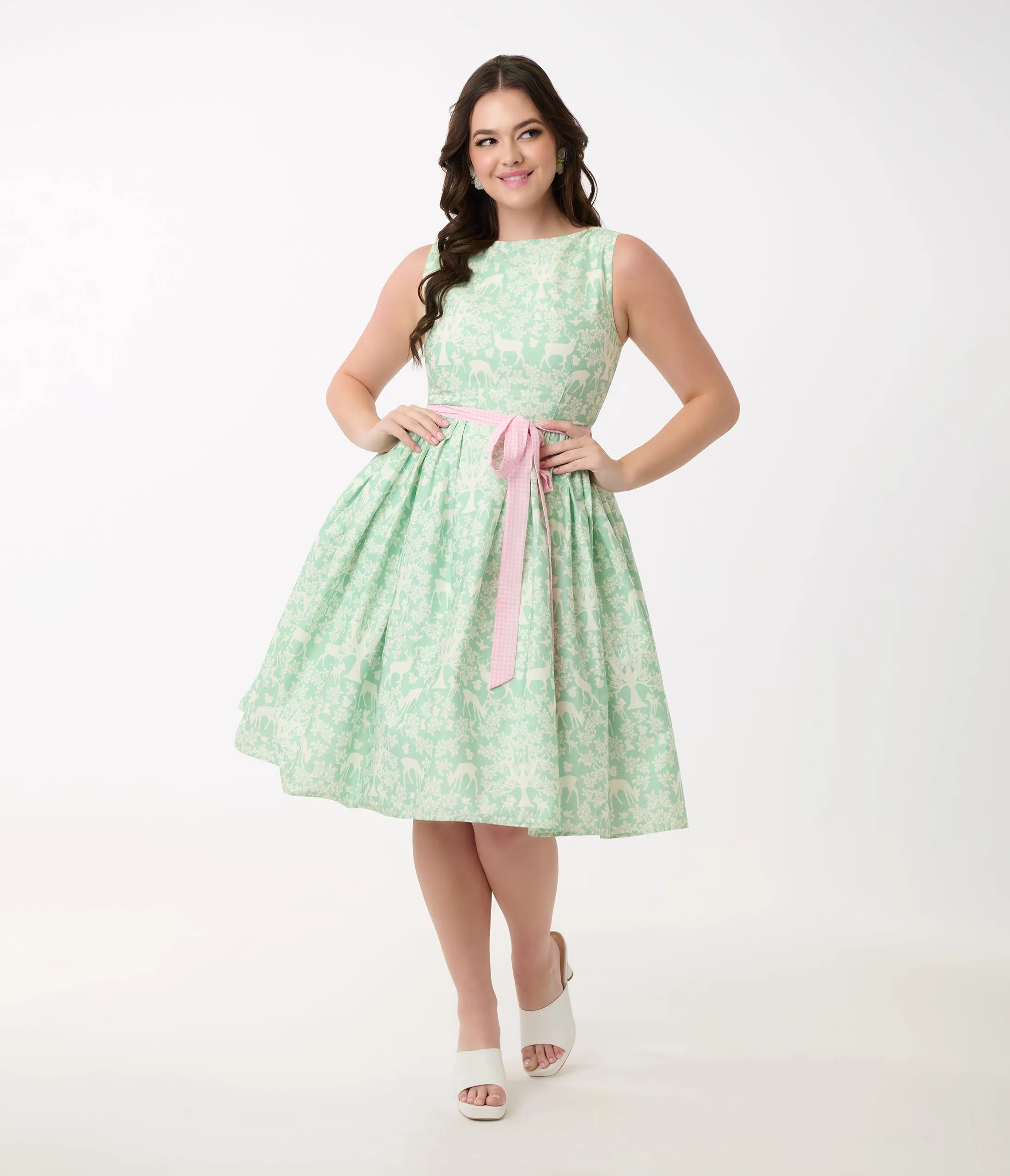 Disney Bambi Collection by Unique Vintage Green Forest Friends & Pink Gingham Sleeveless Swing Dress sold by Unique Vintage