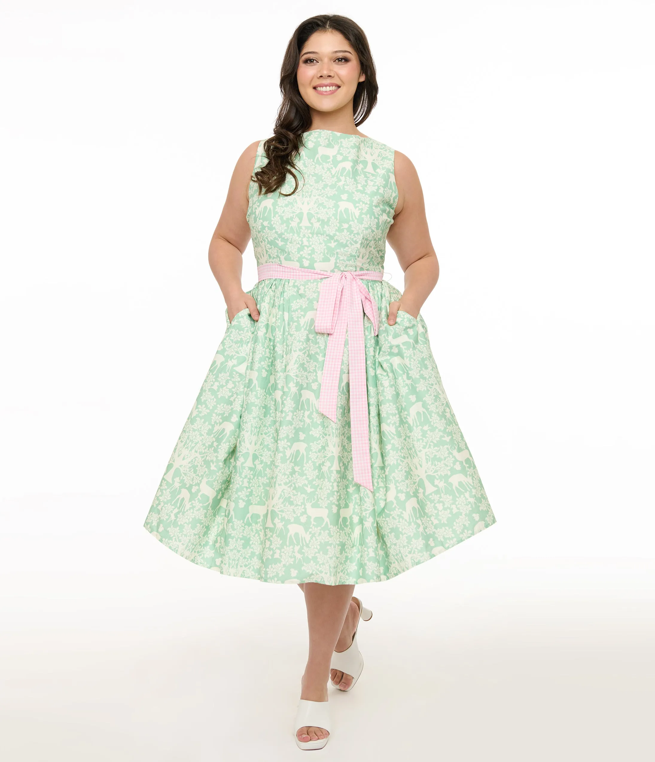 Disney Bambi Collection by Unique Vintage Plus Size Green Forest Friends & Pink Gingham Sleeveless Swing Dress sold by Unique Vintage