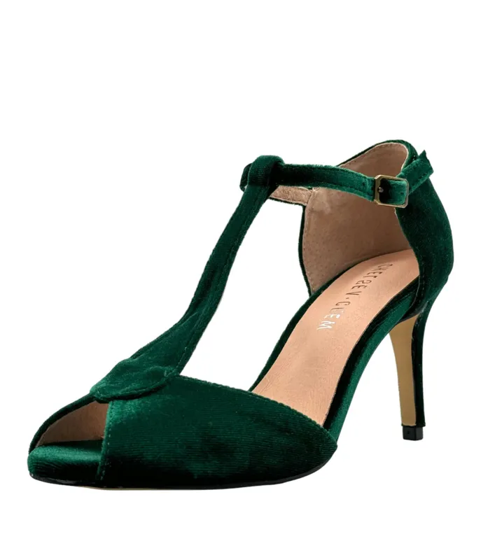 Chelsea Crew Emerald T-Strap Velvet Blondie Heels sold by Unique Vintage