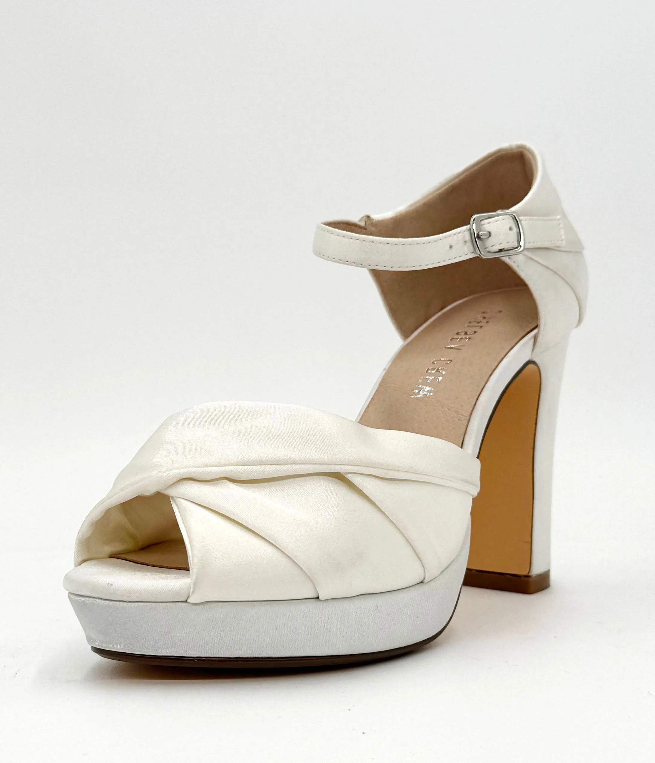 Chelsea Crew White Satin Gloria Heels sold by Unique Vintage