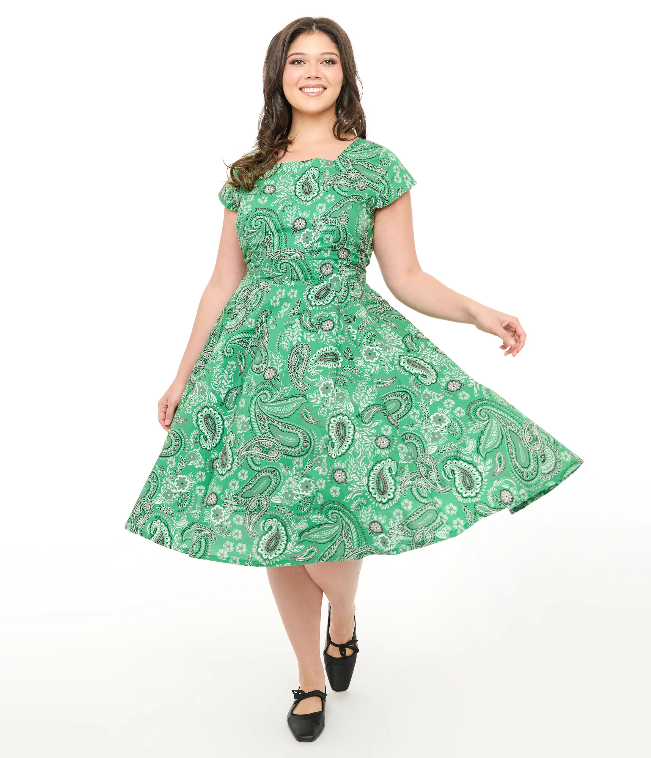 Magnolia Place Plus Size 1950s Green Bandana Print Anna Cotton Swing Dress sold by Unique Vintage