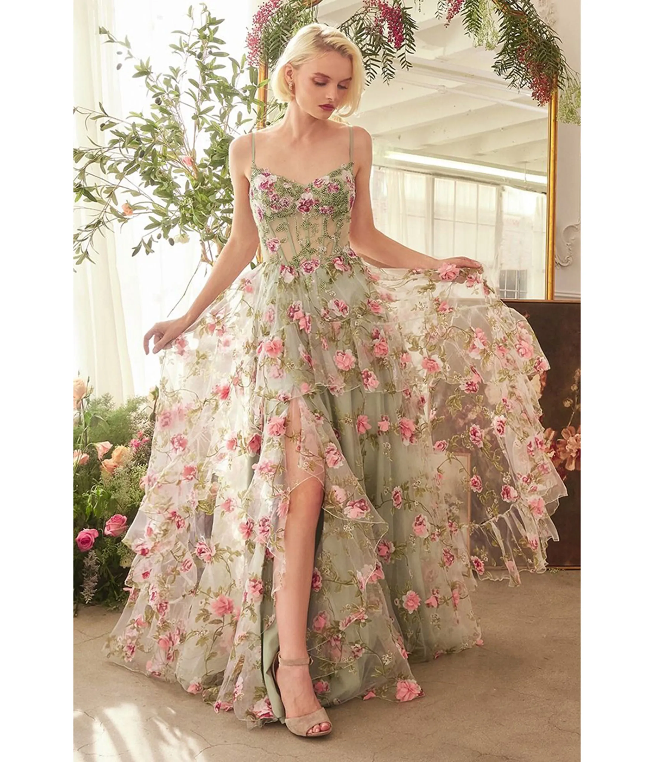 Ladivine by Cinderella Divine Sage Floral Print Layered A-Line Prom Dress sold by Unique Vintage
