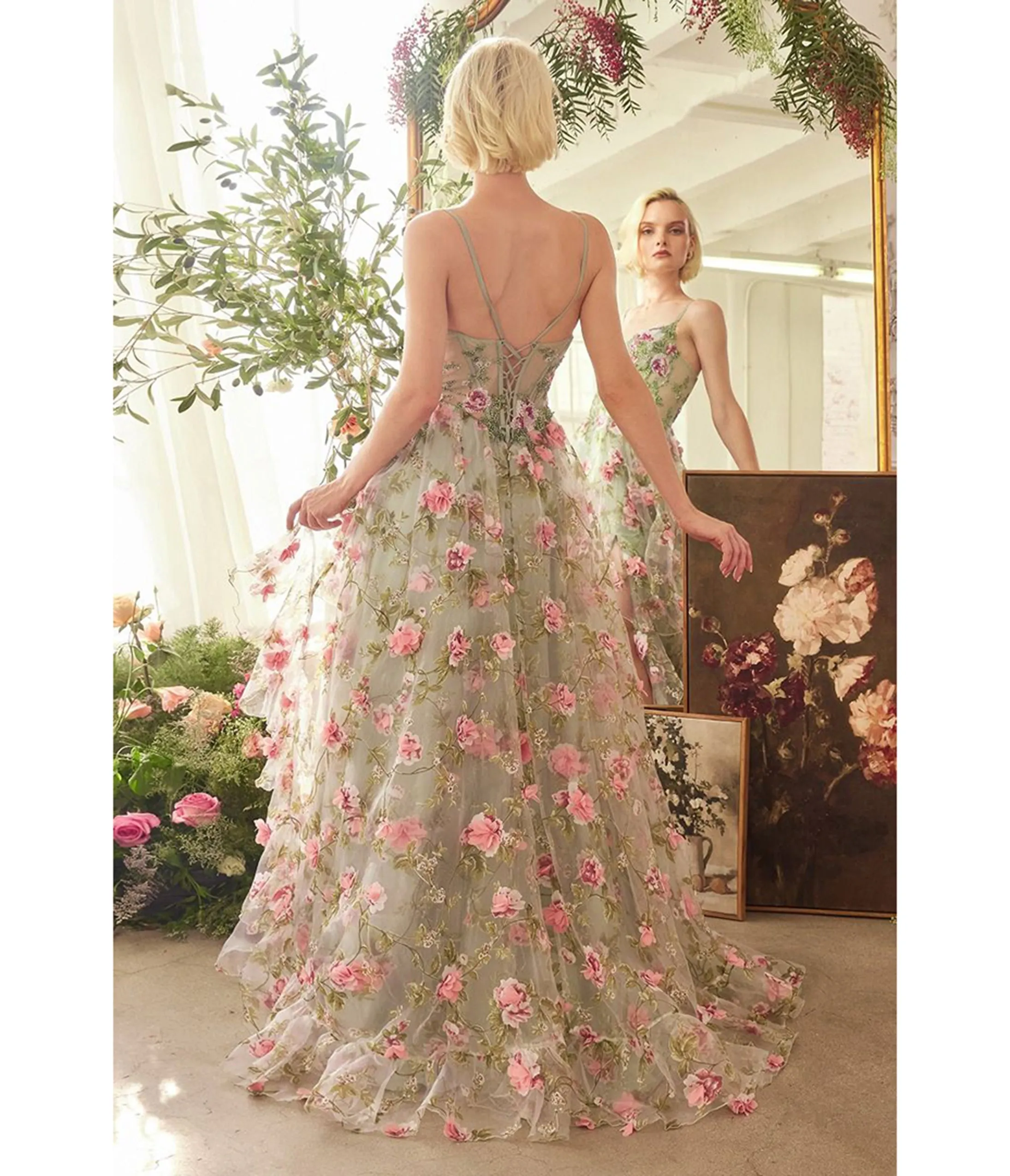 Ladivine by Cinderella Divine Sage Floral Print Layered A-Line Prom Dress sold by Unique Vintage product image thumbnail 2