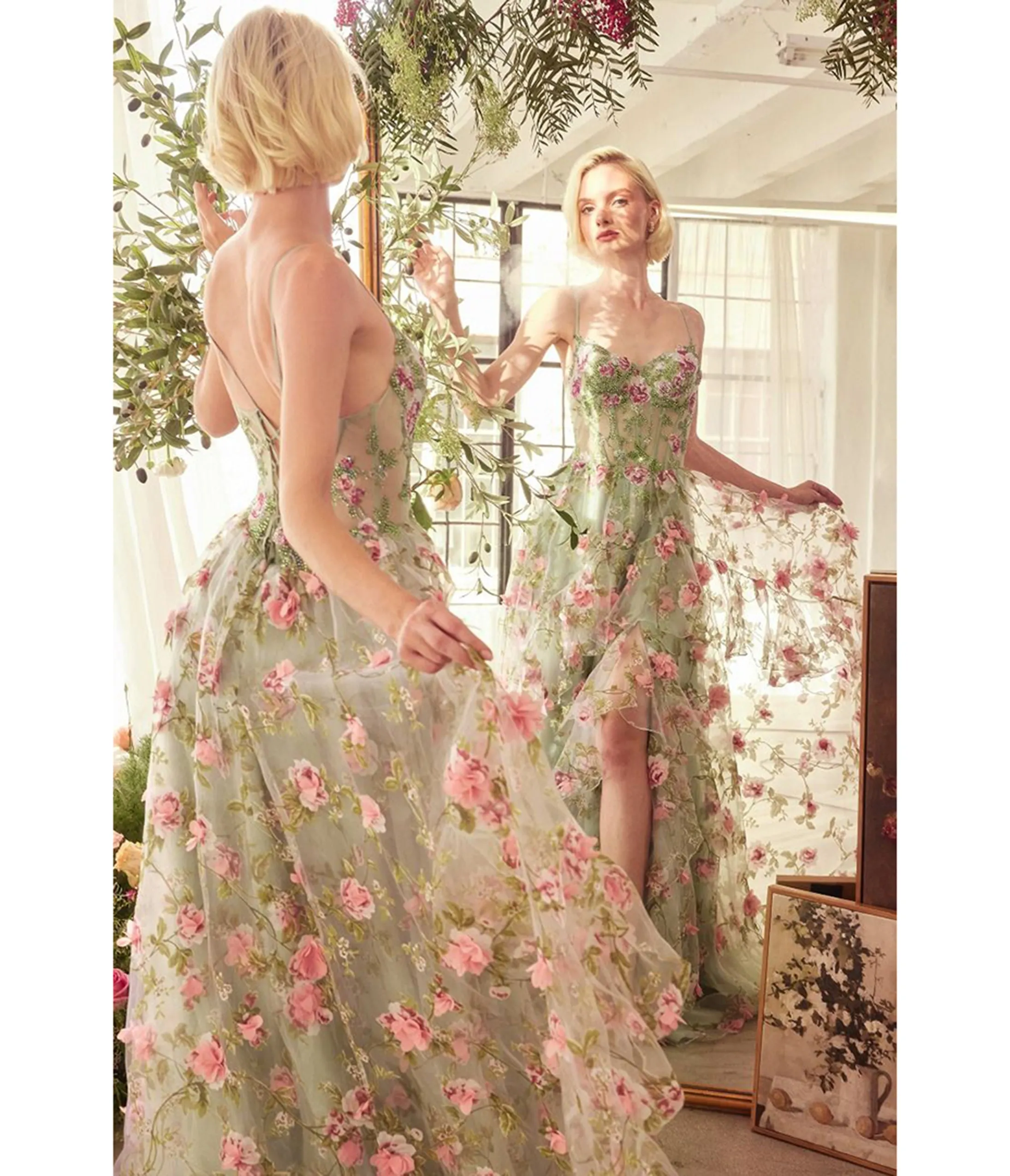 Ladivine by Cinderella Divine Sage Floral Print Layered A-Line Prom Dress sold by Unique Vintage product image thumbnail 3