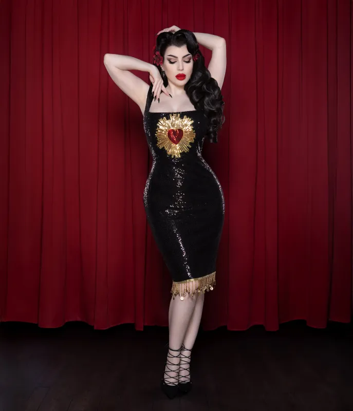 Weasel Wear Black Sequin Sacred Heart Pencil Dress sold by Unique Vintage
