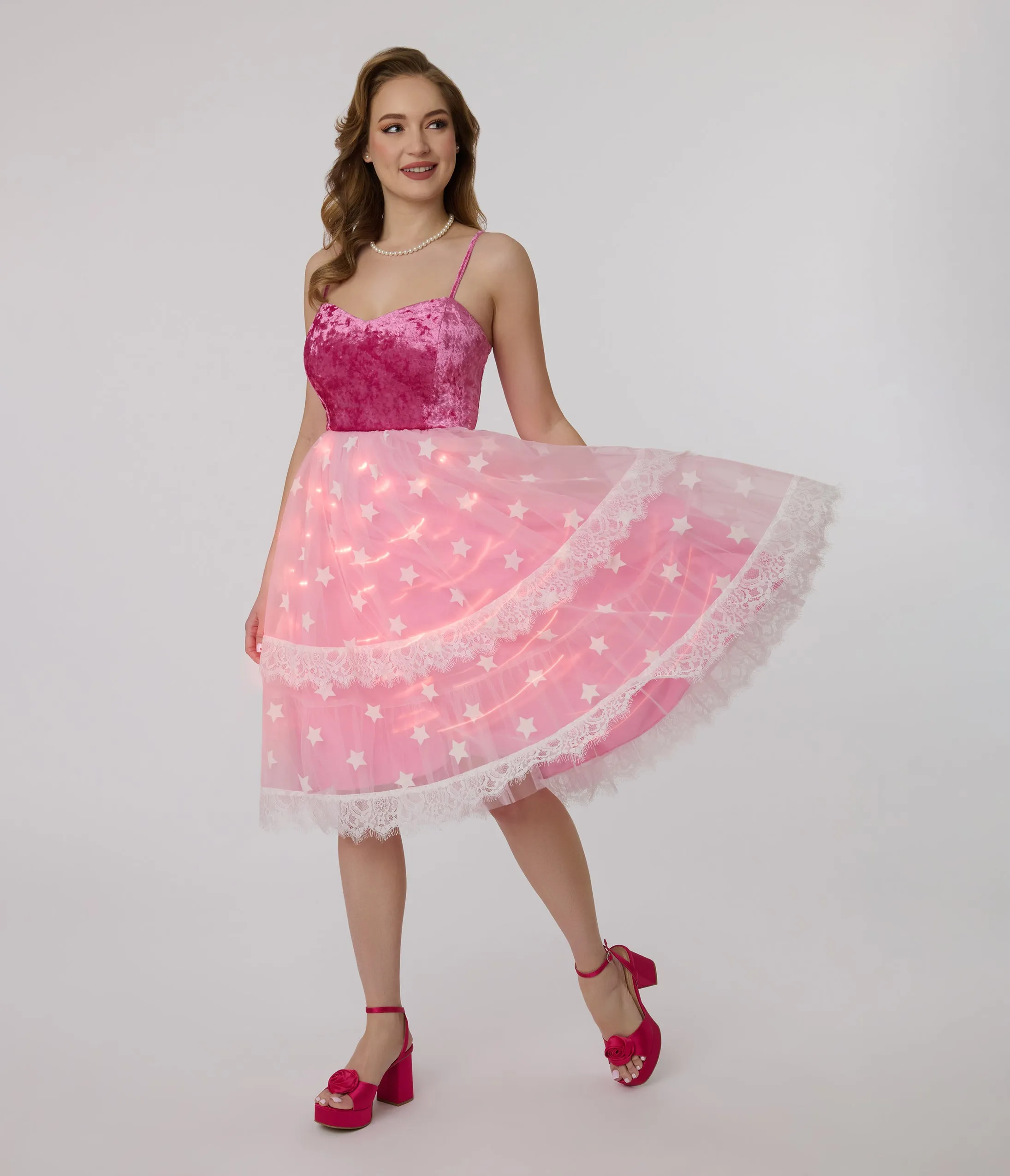 Barbie x Unique Vintage 1980s Pink Light Up Dream Glow Swing Dress sold by Unique Vintage